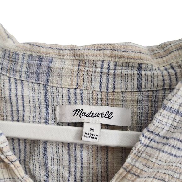 Madewell‎ Top Medium Crinkle Hayden Popover Striped Shirt Blue Tan  Blouse - Picture 2 of 9